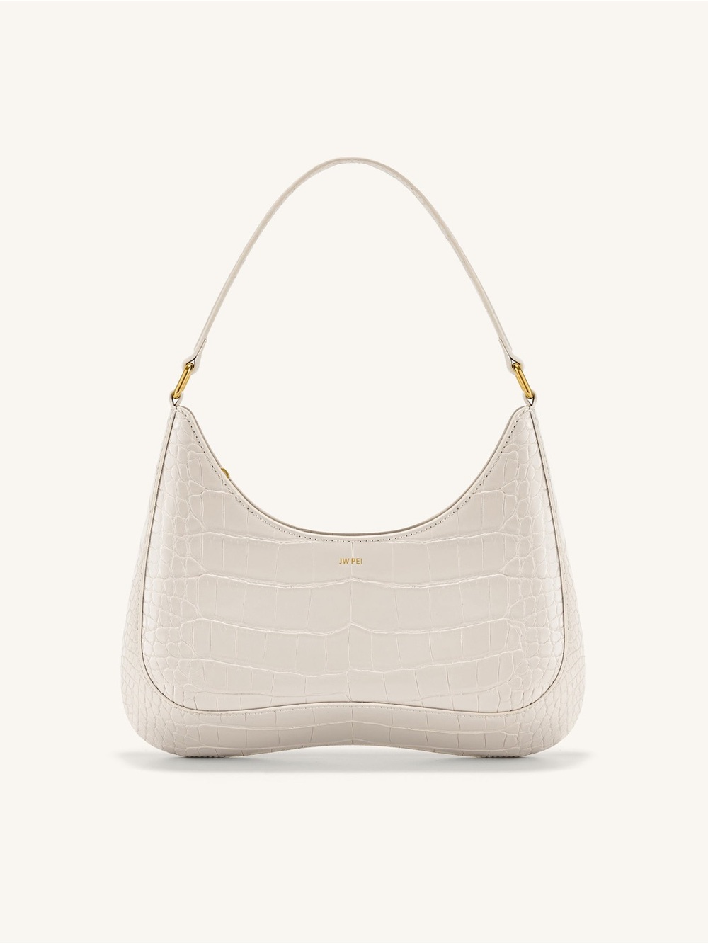 JW PEI Ivory Croc-Embossed Shoulder Bag with Gold Accents